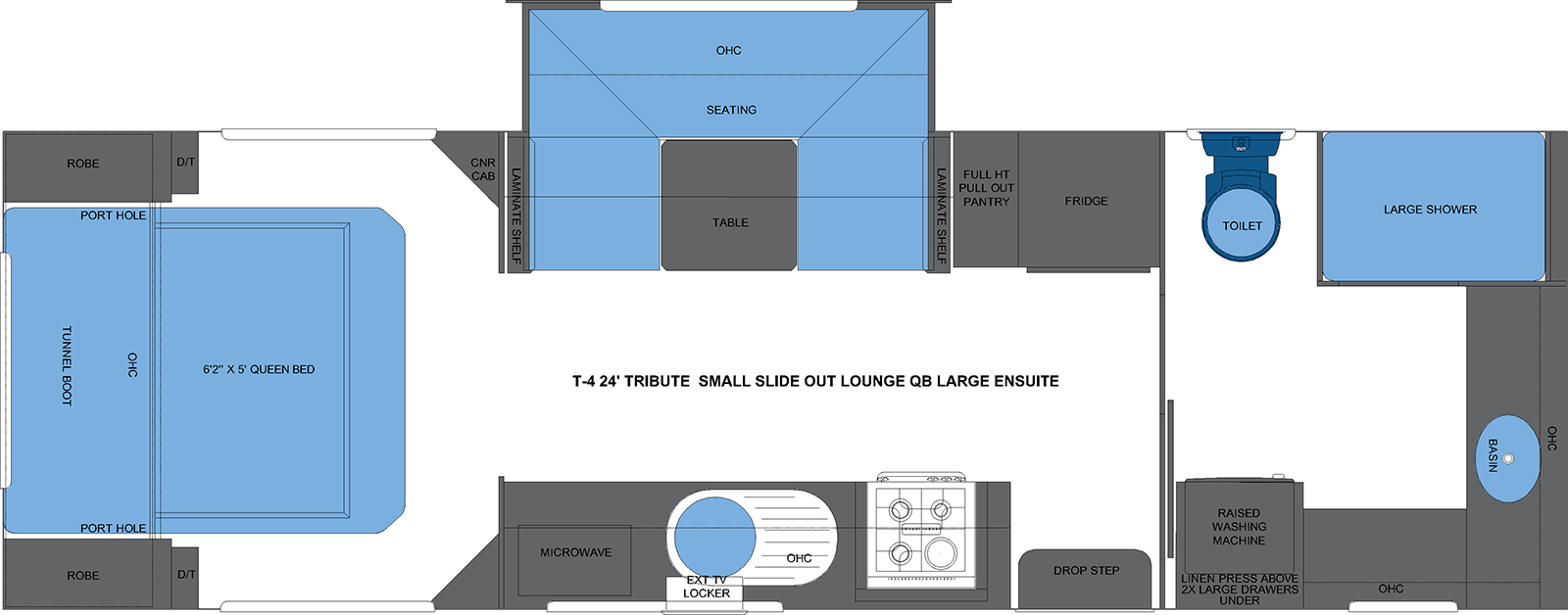 T-4 24' TRIBUTE SMALL SLIDE OUT LOUNGE QB LARGE ENSUITE